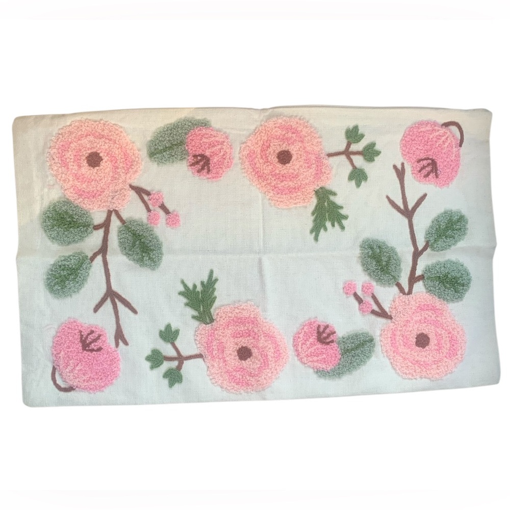 Embroidered Floral Accent Pillow Cover Rectangular Pink On Off White 11x19”